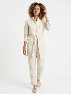 Admise Paris Women's Denim Cream Long Sleeve Belted Jumpsuit Size Medium Boho
